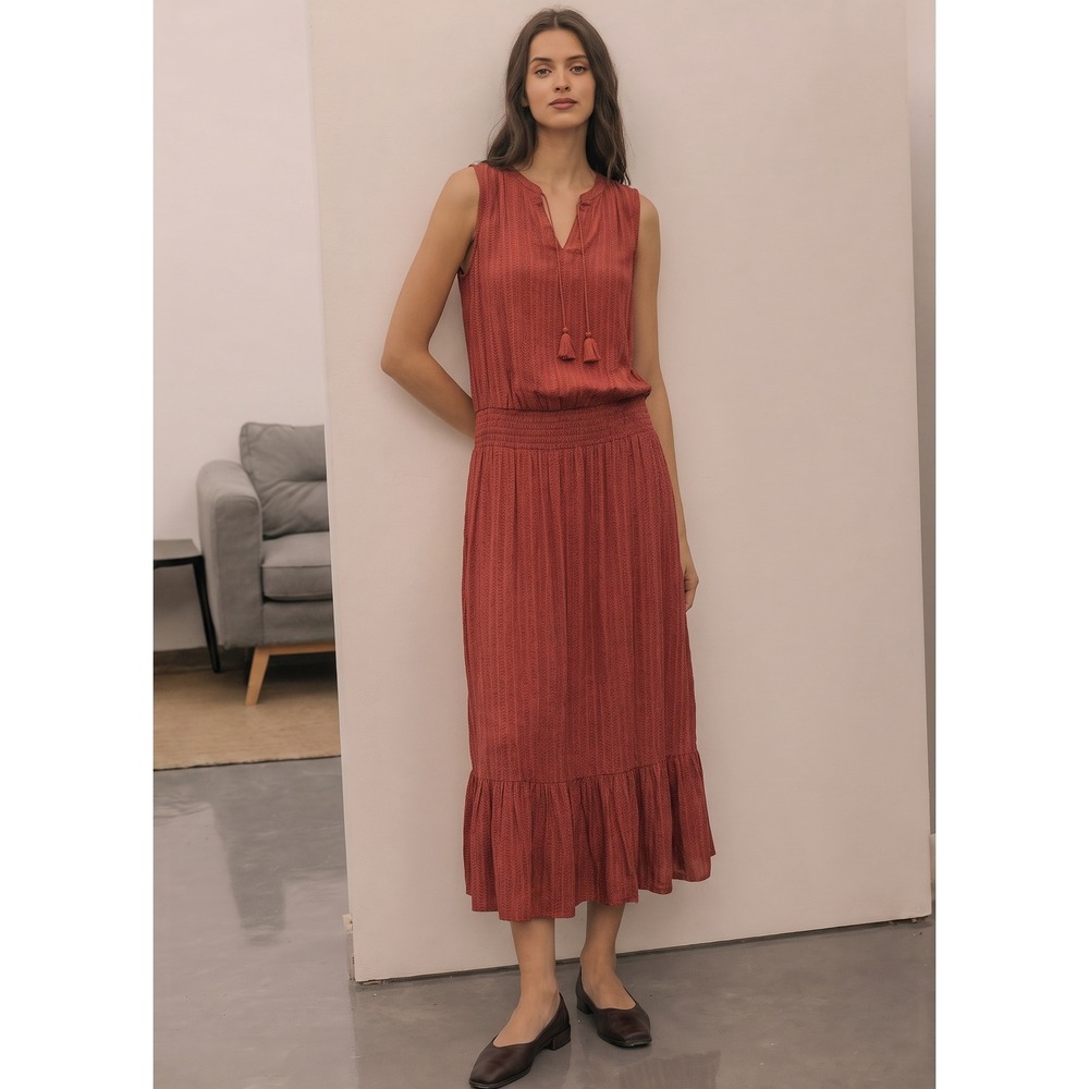 Prana Midi Dress Womens Small Rust Tencel Modal‎ Smocked Waist Tassel Boho